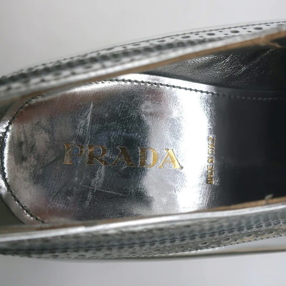 Prada Platform Wingtip Brogues Silver Metallic Leather Size 41 - Picture 10 of 12
